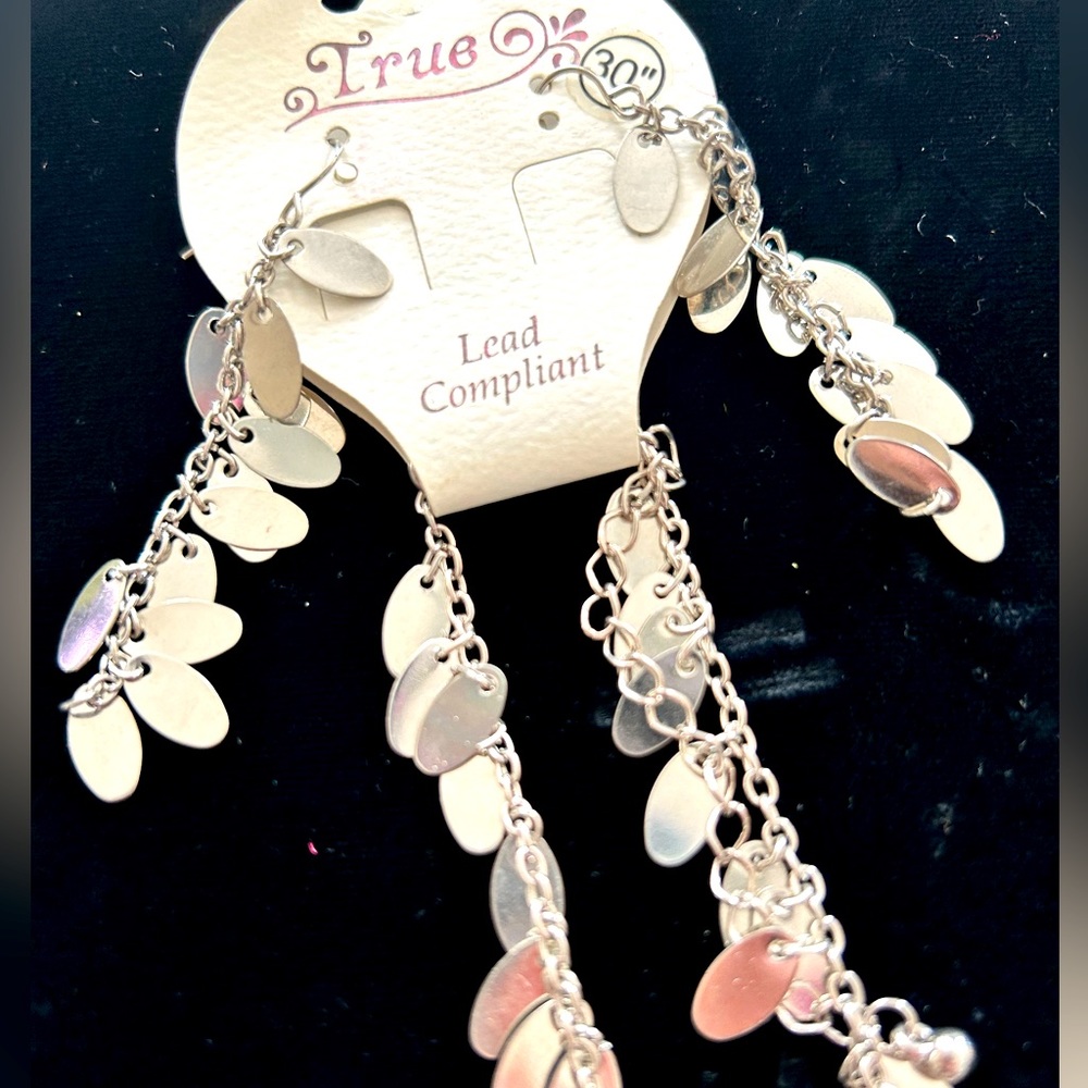Shimmer Necklace & Earring Set Silver Dangle 30” Adjustable Lead Compliant